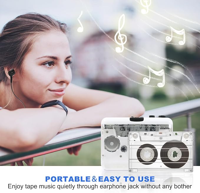 Auto Reverse ＆Clear Stereo Cassette Player,Built-in Cool Copper Wheel Movement＆Earphone,Cassette Tape to MP3 Converter with Tape Converter Software,Powered by USB Power Cord or AA Battery