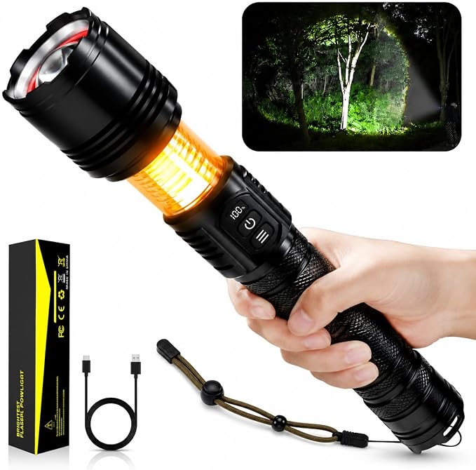 Flashlight Rechargeable, Real 3700 High Lumens, Warm Ambient Light for Camping(6 Modes), Aluminum Alloy Body, Super Bright, Up to 12 Hours, 10000mAh Tactical Flashlight, IPX5 Waterproof
