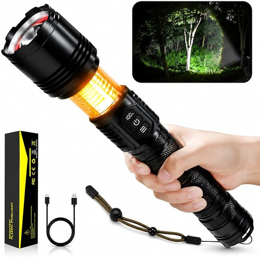 Flashlight Rechargeable, Real 3700 High Lumens, Warm Ambient Light for Camping(6 Modes), Aluminum Alloy Body, Super Bright, Up to 12 Hours, 10000mAh Tactical Flashlight, IPX5 Waterproof