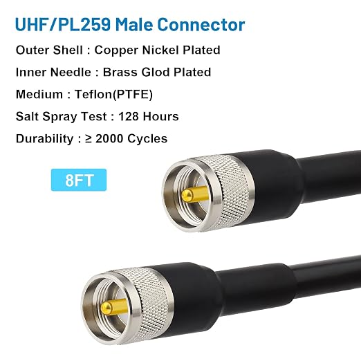 MOOKEERF 8ft KMR400 PL259 Male to Male Coaxial Cable - Low Loss UHF Cable for HAM, VHF Radio, SWR Meter, Antenna Analyzer