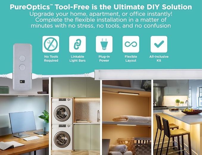 PureOptics LED Under Cabinet Light Kit, Motion Sensor, Dimmable, Linkable, 3 Color Settings, Tool-Free, for Kitchen, Cabinets and Closets, (4) 9" Bars