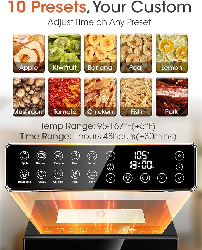 Manastin Food Dehydrator Machine, With Large 10 Stainless Steel Trays, 850W Dryer for Meat Jerky, Fruit Vegetable, 95-167℉ Dehydrated Dryer, 48H Timer,10 Presets, Overheating Protection (Black)