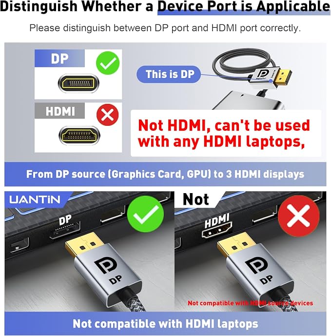 UANTIN DisplayPort to Dual DisplayPort with HDMI Splitter for 3 Monitors Extended Display Adapter 4K@60Hz 1 in 3 Out MST Hub for Multiple Monitor DP Compatible with NVIDIA/AMD Graphic Card