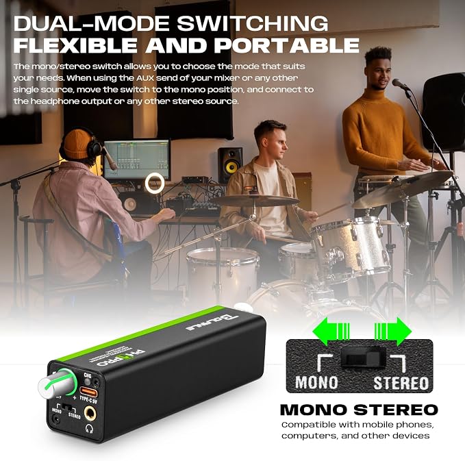 Bolanle PH1 PRO in-Ear Monitor Amplifier with Built-in 1000mAh Battery, 25-Hour Playtime, XLR/TRS Input 3.5mm Output, Personal IEM Amp for Keyboardists Drummers Musicians Live Stage Studio﻿