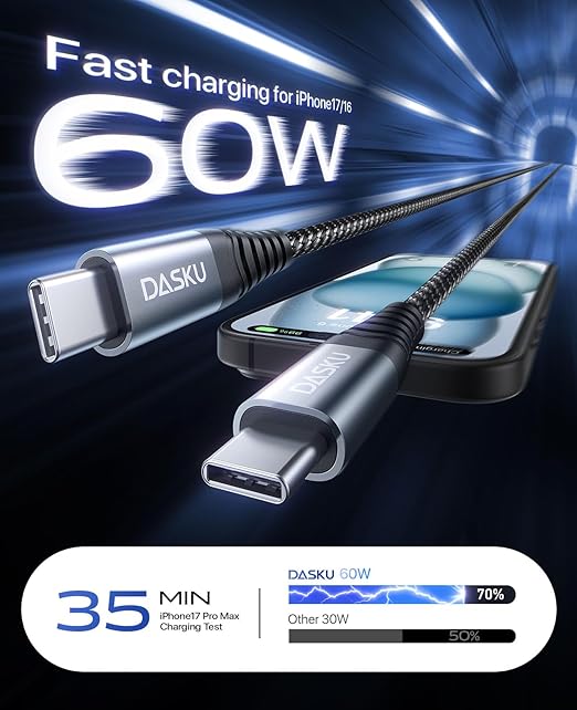 USB C to C Cable 10FT, 2 Pack USB C Cable Fast Charging 60W, USBC to USBC Cable Upgraded Extra Durable Braided USB C Cord Compatible with iPhone 17 16 15 Pro Max,Samsung Galaxy S10, LG and More-Black