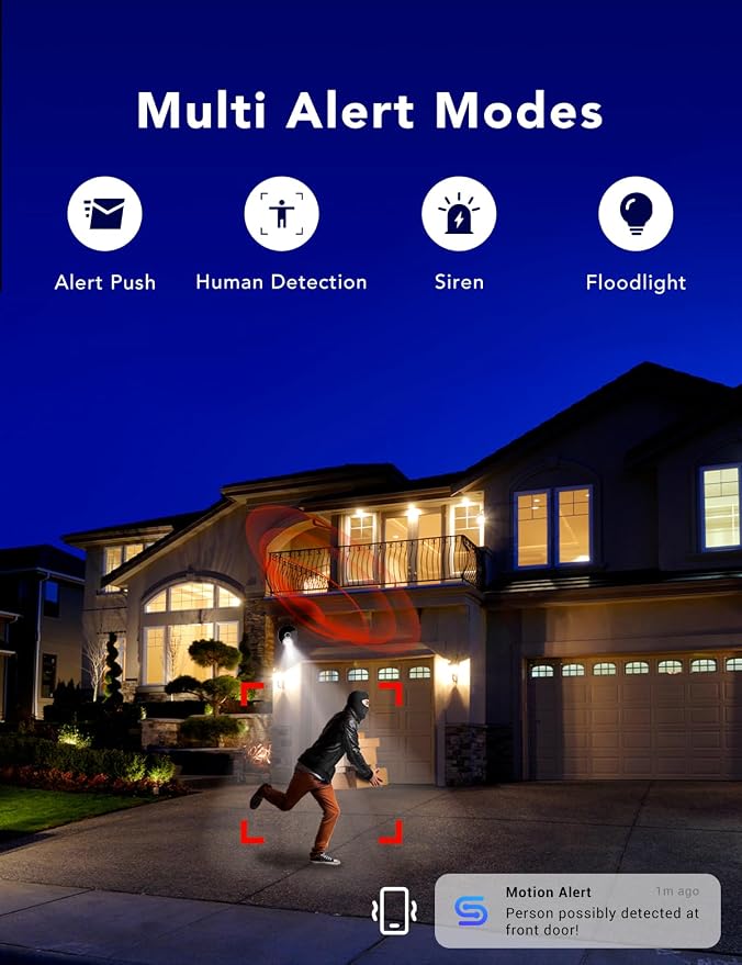 2K Security Camera, Outdoor/Indoor for Home, Pet, Baby, Nanny, IP65 Wterproof Color Night Vision, White Light & Siren, Recording, Motion Detection, Compatible with Alexa,Black