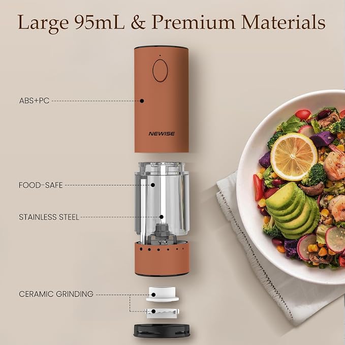 Newise Electric Salt and Pepper Grinder Set Rechargeable with LED Lights, Automatic Pepper & Salt Mill, Adjustable Coarseness, Large Capacity, Brown