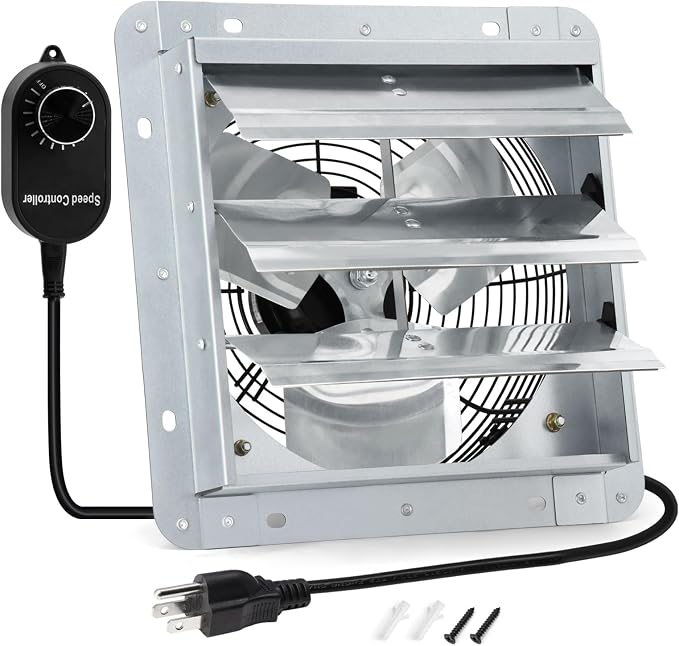 Criditpid 7 Inch Shutter Exhaust Fan, Wall Mounted Vent Fan for Greenhouse, Shed, Garages, Basement, Shop, Chicken Coop, 760 CFM High Speed Exhaust Fan with Speed Controller and 1.8M Power Cord Kit