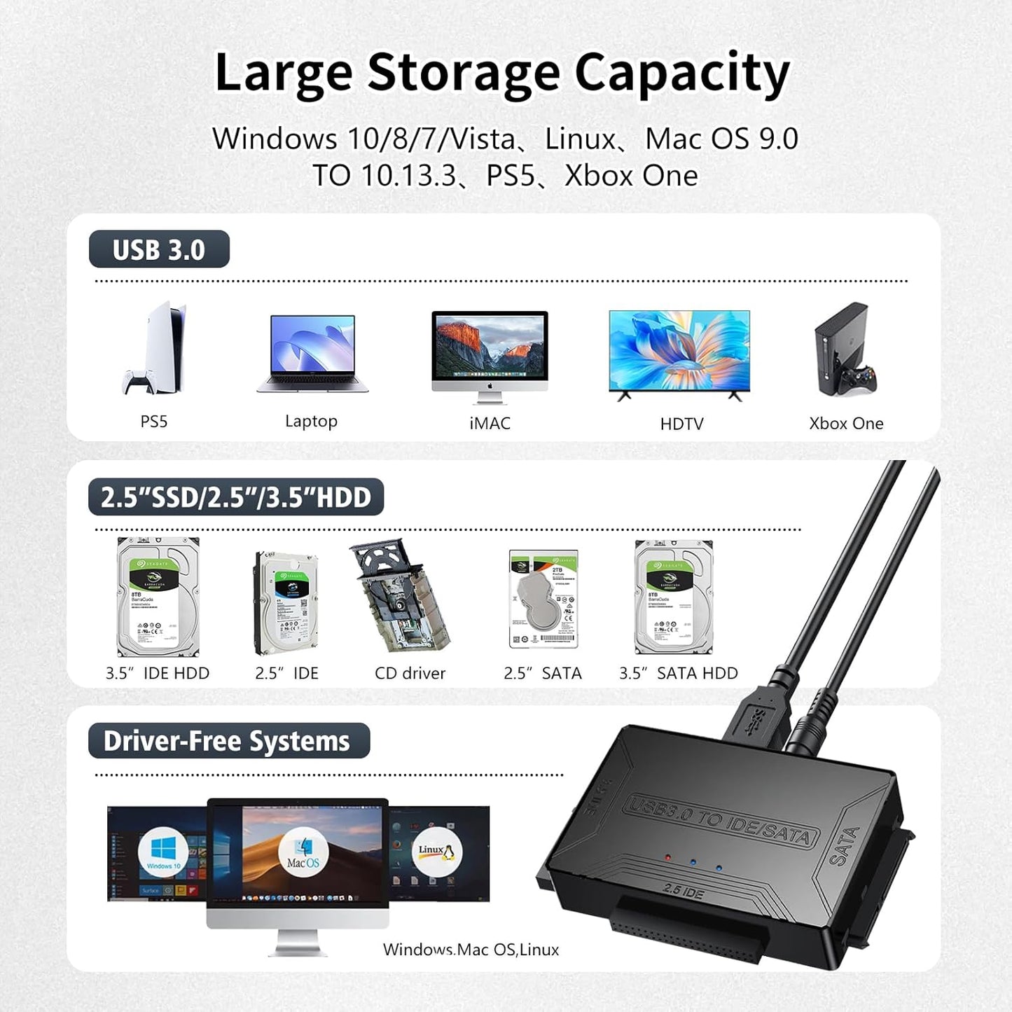 USB 3.0 to SATA IDE Adapter，Hard Drive Reader,IDE Sata to USB External Data Recovery Converter,for Universal 2.5 3.5 HDD SSD Hard Drive Disk