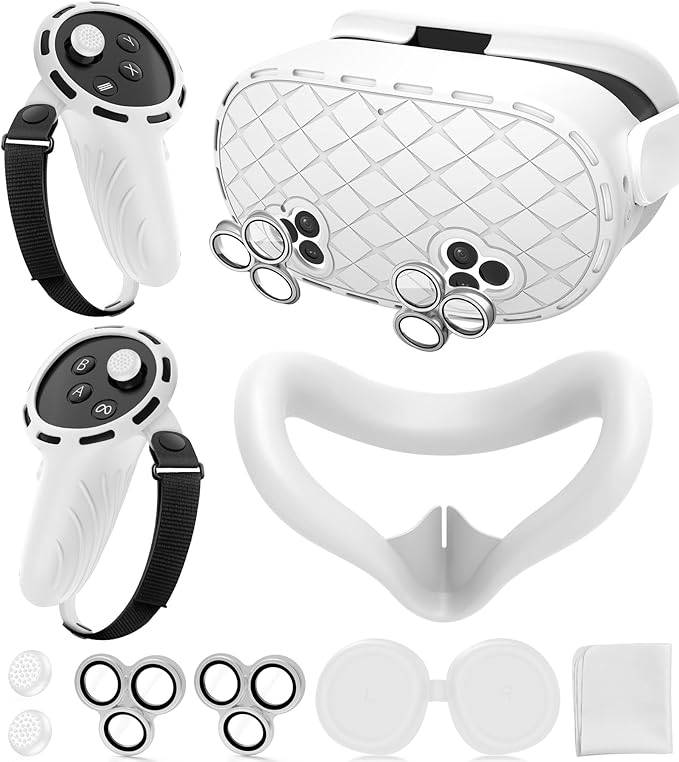 Silicone Cover Set Compatible with Meta/Oculus Quest 3s Accessories, Silicone Face Cover, Controller Grip Cover, Camera Lens Protector, VR Shell Cover, Protective Lens Cover, Not Fit Quest 3