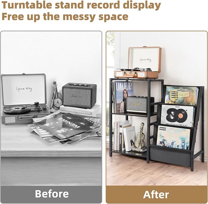 Bikoney Record Player Stand, Turntable Stand with 3-Tier Vinyl Record Storage, Record Player Table Up to 200 Albums, End Table for Records, Vinyl Record Holder