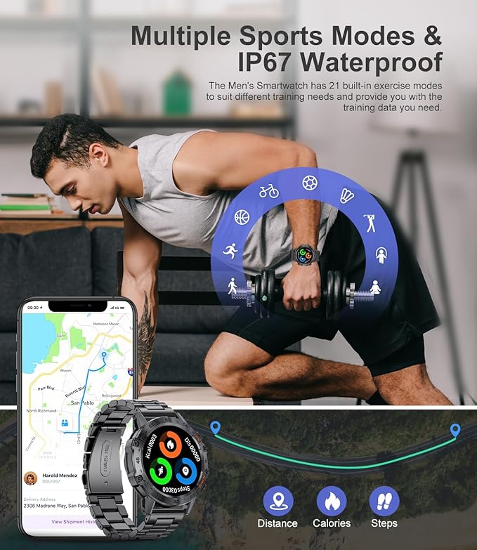 SUNKTA Smart Watches for Men(Answer/Calls),1.39 inch Touchscreen/5ATM Waterproof/120+ Sports Modes Fitness Watch with Heart Rate for Android/iOS Steel Black