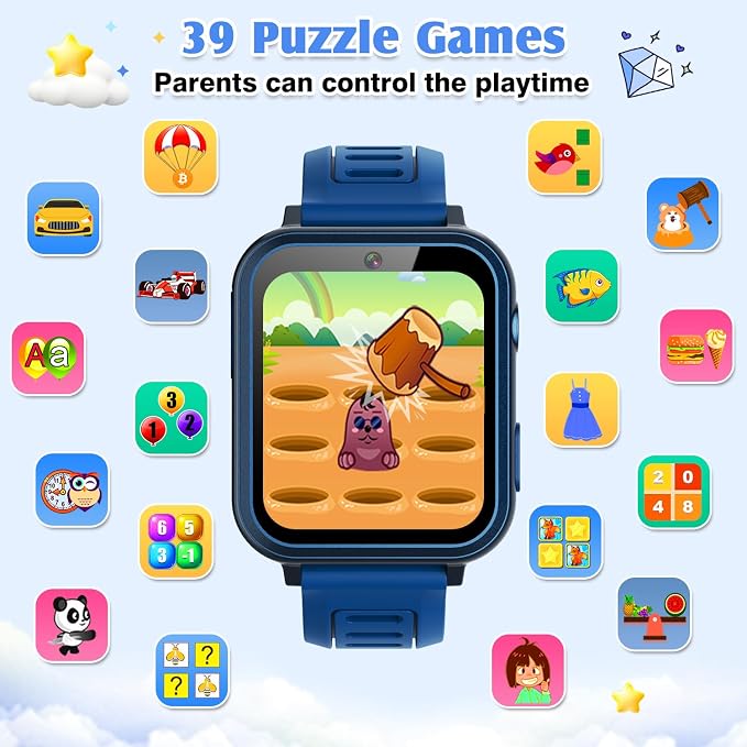 Smart Watch for Kids with 39 Games,Camera,Video,Music Player,Recorder,Alarm,Pedometer,Flashlight,Stopwatch,HD Touch Screen,Borthday Gift Toy for Boys Ages3-12(Blue)