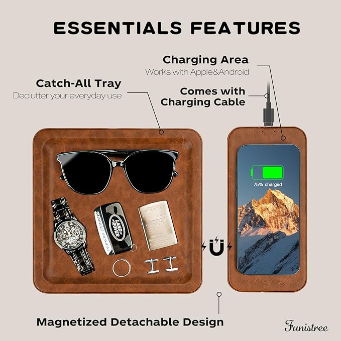 PU Leather Wireless Charging Station and Valet Tray, Gift for Men Husband Dad from Wife Daughter Son, Nightstand Organizer for Men Women, Boyfriend Anniversary Birthday Gifts for Him