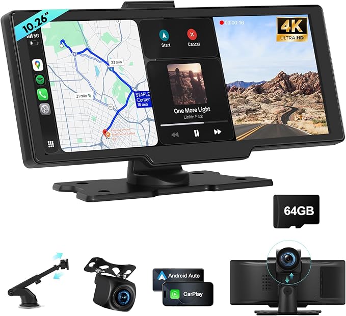 Portable Apple CarPlay Screen for Car, 10.26“ Wireless CarPlay & Android Auto Touch Screen Voice Control Navigation, 4K Dash Cam & 1080P Backup Camera DVR Recording Plug & Play for Car Truck