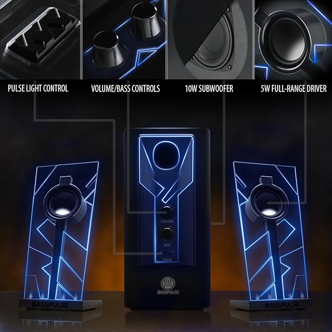 GOgroove BassPULSE 2.1 Computer Speakers with Blue LED Glow Lights and Powered Subwoofer - Gaming Speaker System for Music on Desktop, Laptop, PC with 40 Watts, Heavy Bass