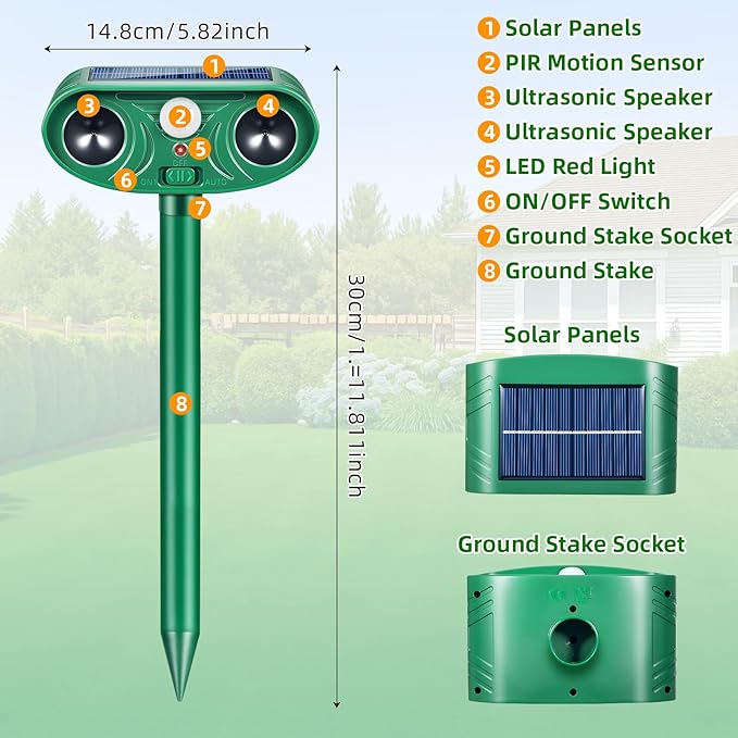 2026 Solar Animal Repellent Outdoor with Motion Deer Repellent Devices Ultrasonic Cat Deterrent Fox Raccoon Rabbit Squirrel Coyote Deterrent Waterproof for Yard & Garden 2Pack