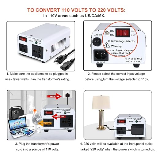 Yinleader White 500W 110V to 220V Voltage Converter Transformer Step Up/Down 110-120V/220-240V w/US Power Cord
