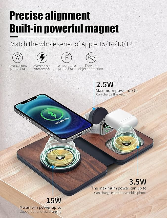 3-in-1 Charging Station for Apple Devices, Fast Mag Safe Wireless Charger, Foldable Travel Charger for Cell Phone 16-12 Series, AirPods, and iWatch Series (wulnut Wood)