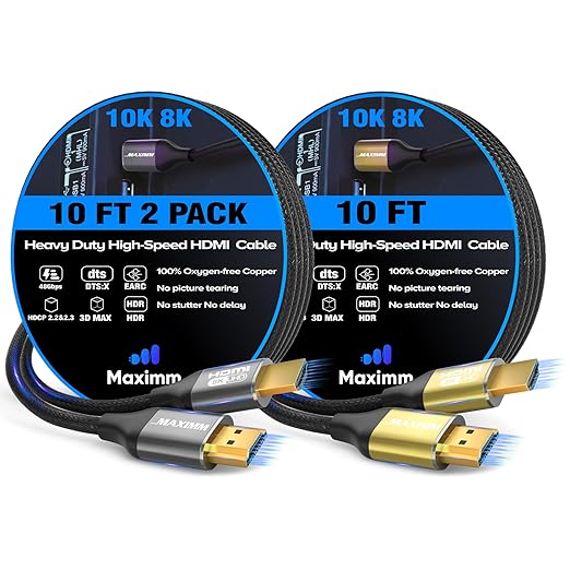 Maximm HDMI 2.1 Cable 10 Feet, Multicolor, 2 Pack, 8K 60Hz 4K 120Hz Ultra High Speed, 48Gbps, eARC, Dolby Vision