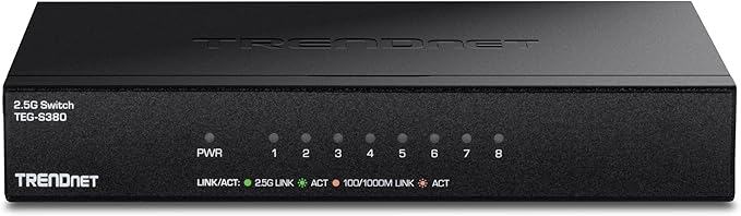 TRENDnet 8-Port 2.5Gb Multi-Gigabit Unmanaged Gaming Switch, TEG-S380, 8 x 2.5GBASE-T Ports, 25Gbps Switching Capacity, Ethernet Splitter, NDAA & TAA Compliant, Fanless, Lifetime Protection, Black