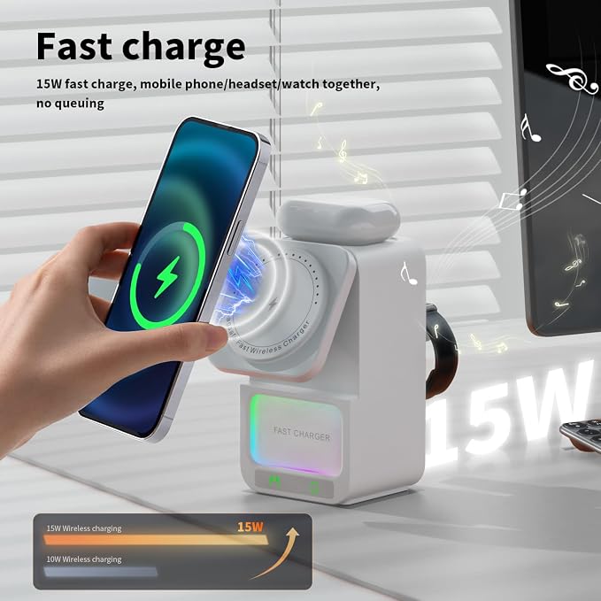 4 in 1 Magnetic Wireless Charging Station, Foldable Wireless Charger Stand with Bluetooth Speaker for iPhone 16 15 14 13 Series for AirPods 3/2/Pro for Apple Watch Ultra/SE/9/8/7/6/5/4/3/2/1 (Black)