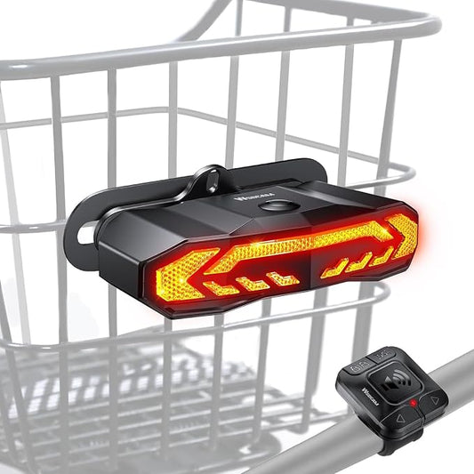 WSDCAM Smart Bike Seat/Bike Basket Tail Light with Turn Signals and Brake Light, Bike Alarm Horn with Remote, Rechargeable Rear Bike Light for Night Riding, Waterproof Bicycle Tail Light with Mount
