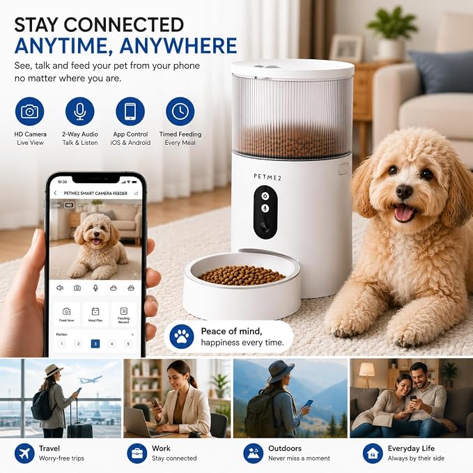 Automatic Cat Feeder with Camera, App Control, 2-Way Audio, Timed Dry Food Dispenser for Cats & Small Dogs, Smart WiFi Pet Feeder, Dual Power, Anti-Jam, Stainless Steel Bowl