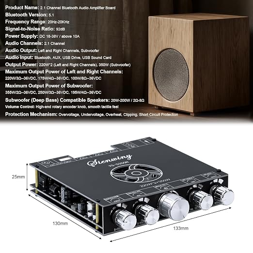 Hosyond YS-S350H TPA3251 2.1 Channel Bluetooth Amplifier 220W×2 + 350W Subwoofer Audio Receiver Class D Amp Board with Bass Treble Control for Home Theater DIY Speakers