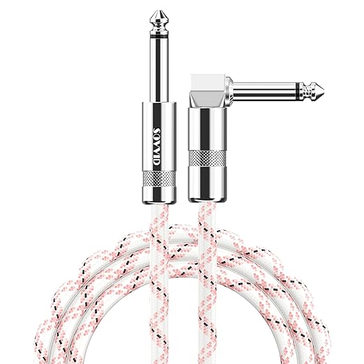 6FT Instrument Cable - Electric Guitar & Bass Cable with Right Angle 1/4 Inch Connector - Pink White