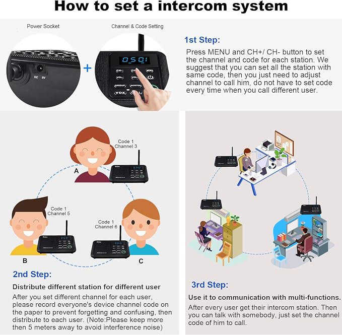 Wuloo Intercoms Wireless for Home 1 Mile Range 22 Channel 100 Digital Code Display Screen, Wireless Intercom System for Home House Business Office, Room to Room Intercom Communication(3Stations Black)