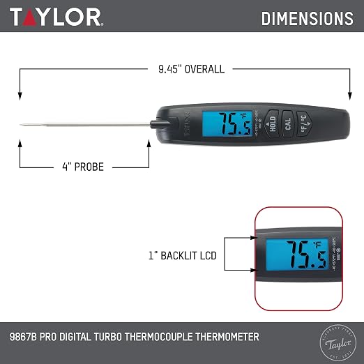 Taylor Digital Turbo Instant Read Thermocouple Meat Food Grill BBQ Cooking Kitchen Thermometer, Folding Probe, Black