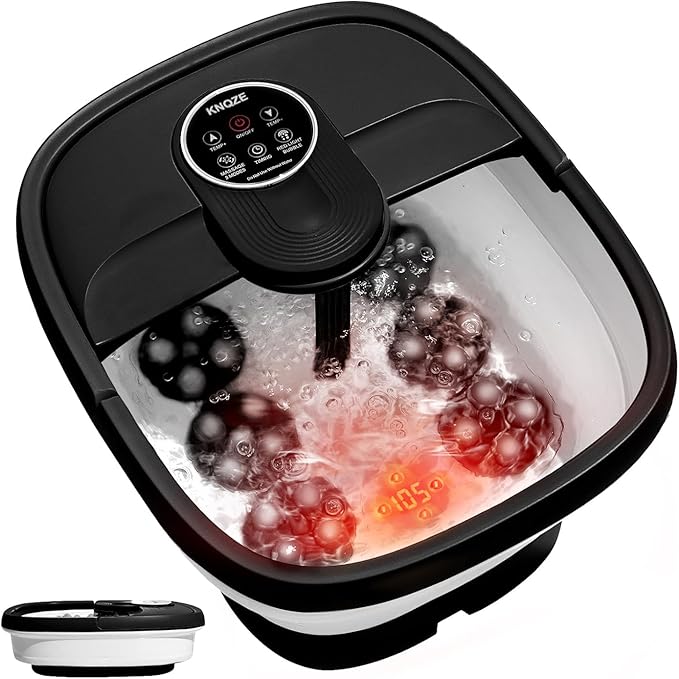 KNQZE Collapsible Foot Spa Electric Foot Bath with Heat, Bubble, Remote, 24 Motorized Shiatsu Massage Balls. Pedicure Soaking tub for Feet Stress Relax (Black)