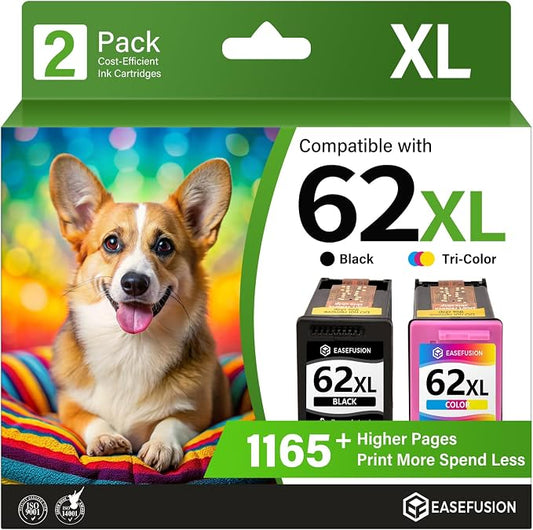 EaseFusion 62XL Ink Cartridges Black and Color Remanufactured Replacement for HP Ink 62 HP62XL Combo Pack Compatible with Envy 7640 5660 5540 7645 5740 5746 OfficeJet 250 200 Mobile Printer, 2-Pack