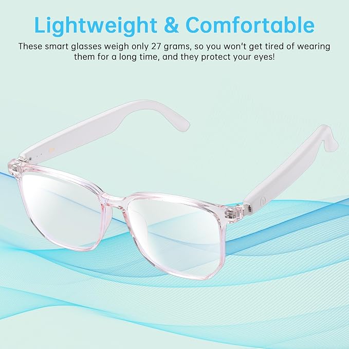 GenXenon Smart Glasses for Women, Clear Frame Blue Light Glasses, Magnetic Charging, Open-Ear Design, Voice Assistant, Bluetooth Glasses with Speakers, Audio Eyeglasses for Working Gaming (GS03-C)