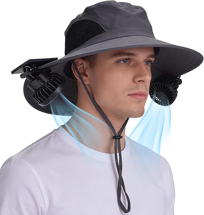 Wide Brim Sun Bucket Hat with 2 Solar Powered Fan for Men & Women | Waterproof & UPF 50+ Sun Protection Hat with Dual-Power Clip-On Cooling Fans for Outdoor Hiking Fishing Gardening