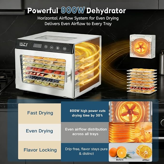 Food Dehydrators, 8 Trays Dehydrator Machine for Jerky, 24H Timer 176°F Temperature Control 800W Powerful Food Dryer Dehydrator for Beef Meat,Fruit,Herb,Mushroom,Dog Treats (8 Trays)