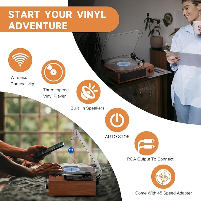 Vintage Record Player with Built-in Stereo Speakers Turntable Vinyls Records LP Phonograph Belt Drive 3 Speed 3 Size Support Wireless Input RCA Output Auto Stop Retro Wooden Walnut Red