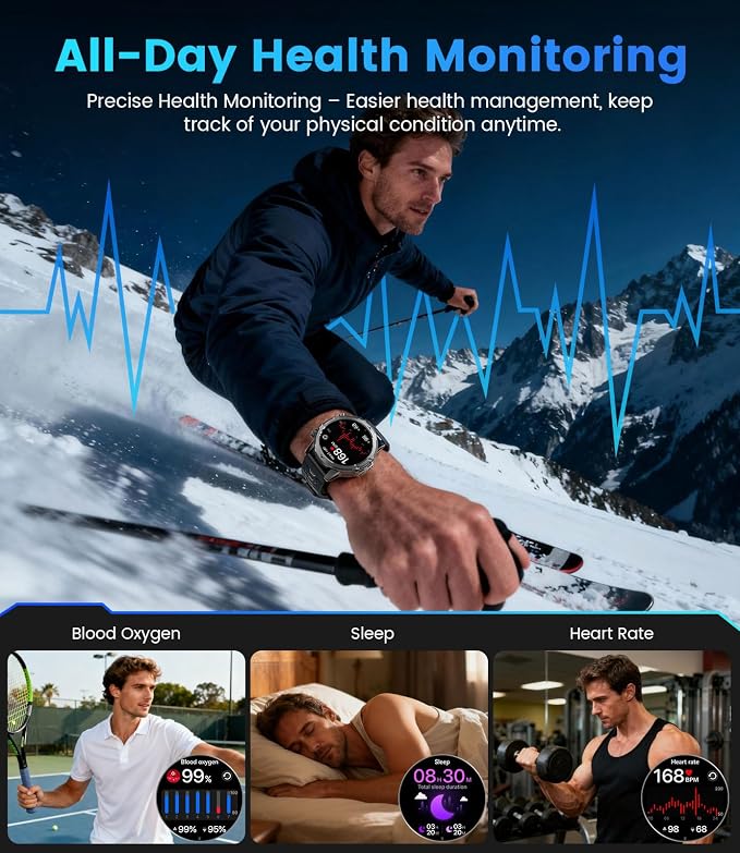 FITFLEX Military Smart Watch with Answer/Make Call （3 Silicone Strap）, 1.53“ HD Smart Watches for Men with 1000 mAh Battery/LED Torch/20+Sports/Waterproof IP68, Fitness Tracker iOS Android(Black)