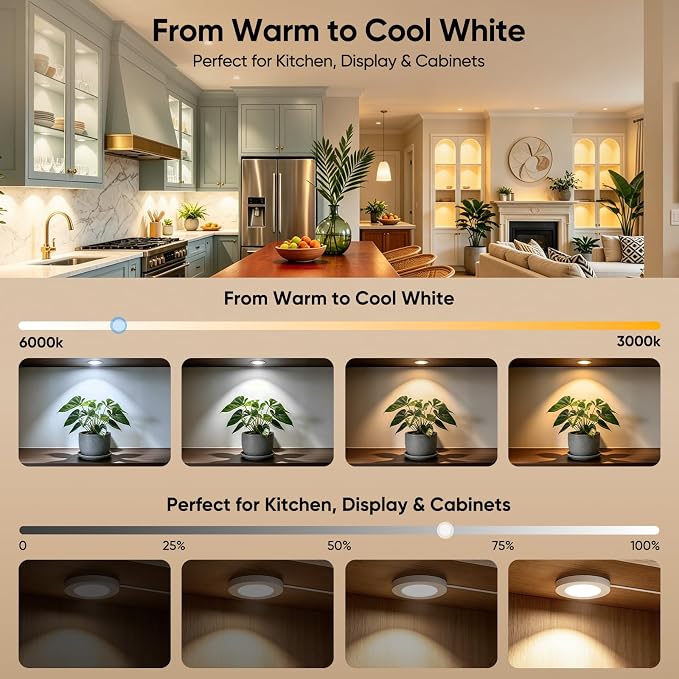 VST Smart Puck Lights, 10 Pack, 3000K-6000K Dimmable Under Cabinet Lighting, Compatible with Alexa & Google Home, App & Remote Control, 12V 2W, Recessed/Surface Mount, White for Kitchen Display Case