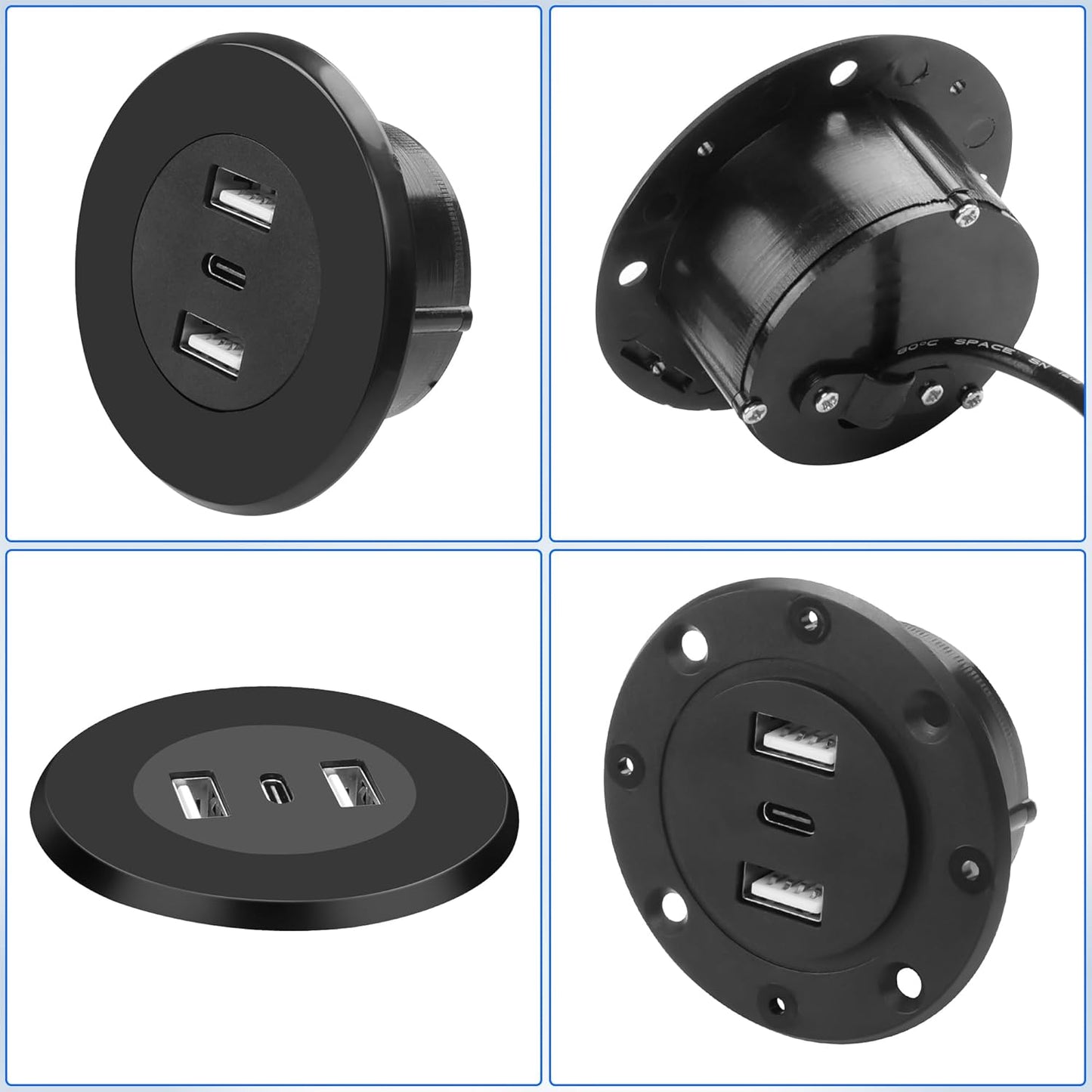 MEIRIYFA 3-in-1 Desktop Power Embedded Charger USB/Type C Desktop Station Mounts Charging Dual USB Multifunctional Desk USB Hub with 6.56 FT Power Cord for Bedside Table, Desks, Furniture