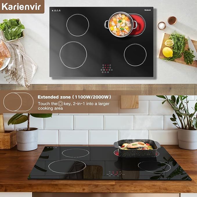 30 Inch Electric Cooktop Built-in Electric Stove Top, 4 Burner Electrics Stove 6400W, Touch Control, Extended Zone, Timer, Safety Lock, Pause, 220-240v, Hard Wire