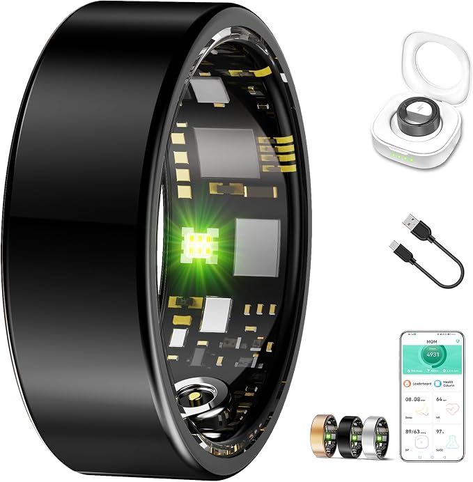 Smart Ring for Women & Men,Fitness Tracker with Heart Rate,Blood Oxygen,Blood Pressure,Sleep Monitoring, Step Counting,IP68 Waterproof,Black 11# for iPhone and Android,No Subscription