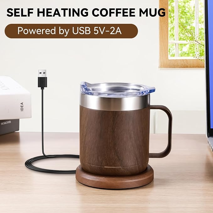 Gifts for Women Men, Heated Coffee Mug Up to 149°F, Ideal Gifts for Christmas, Birthday, Mother's Day, Father's Day or Any Occasion (12oz Wood)