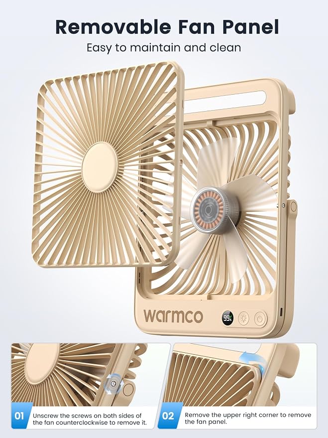 Warmco D4 Battery Powered Camping Fan 20000mAh, LED Lantern | Up To 48H Runtime, Ultra-Slim Quiet 8-Inch Fan, Digital Display & Hook For Tent, Bedroom, Outdoor & Travel