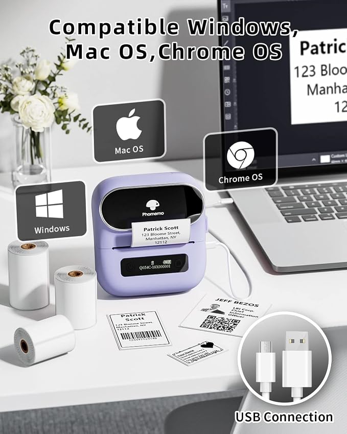 Phomemo M220 Label Maker Purple + with 4 Roll Label, 3.14 Inch Bluetooth Thermal Label Printer for Barcode, Address, Labeling, Mailing, File Folder Label, Easy to Use, Support Smartphone, Tablet&PC