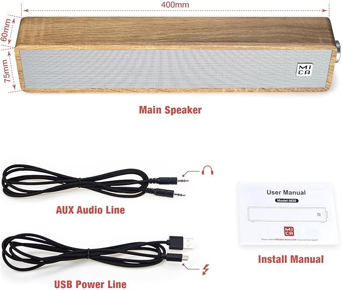 MICA Computer Speakers, Vintage Wired Computer Sound Bar, Retro Wooden Mini Soundbar, 3.5mm Aux Connection, USB Powered PC Speakers for Desktop Monitor, Laptop, Tablets (Yellow)