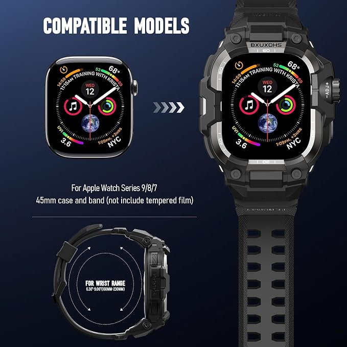 BXUXOHS Rugged Case and Band for Apple Watch 45mm Men, Compatible with Apple Watch Series 9/8/7, Military Grade Shockproof Bumper Cover, Tactical Band Case for iWatch 9/8/7 Man, Black Titanium