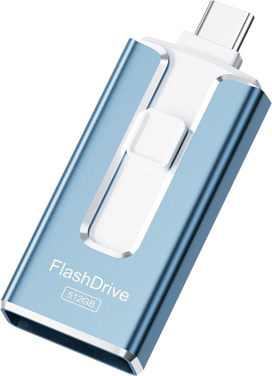 MFi Certified 512GB Flash Drive for iPhone, 3 in 1 Type-C USB Memory Stick Thumb Drive for Photos Videos, High Speed External Memory Storage Photo Stick for iPhone iPad Android PC (Sky Blue)