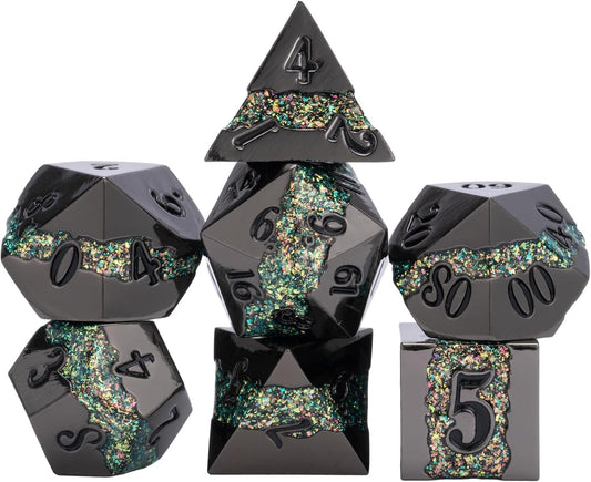 Black Glitter Metal Dice Set,Polyhedral Stripe DND Dice Set with Gift Box,RPG Solid Dungeons and Dragons Set 7pcs